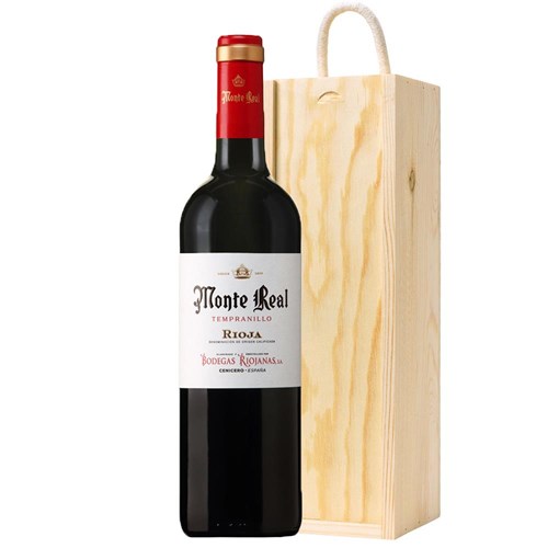 Monte Real Tempranillo 75cl Red Wine In Pine Wooden Gift Box